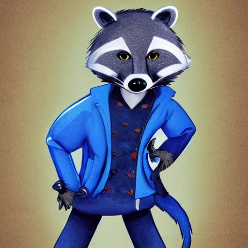 Image similar to anthropomorphic racoon, chibby, male, blue jacket