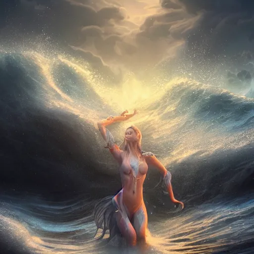 Image similar to beautiful goddess of water stands in her power as waves crash around her, 8k resolution matte fantasy painting, cinematic lighting, DeviantArt Artstation, by Ross Tran