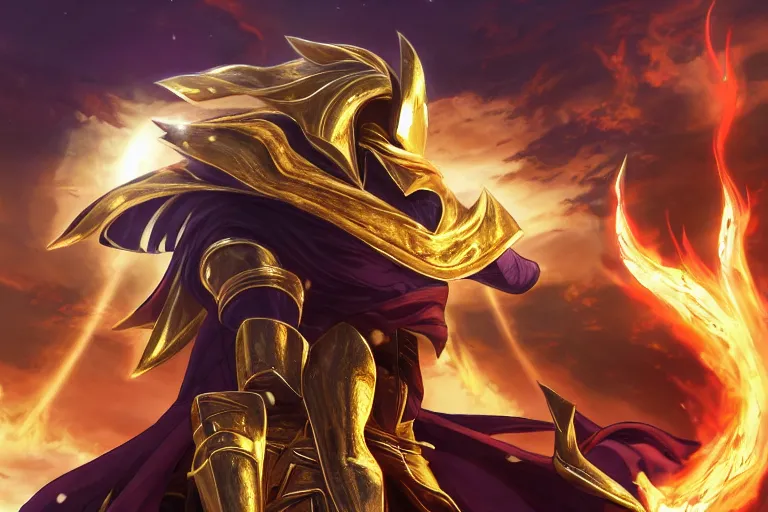 Image similar to an ultra detailed portrait of saladin as a shonen anime protagonist charging into battle wearing bright gold armor and huge flaming longsword blessed by god, epic anime fantasy, 8 k, volumetric lighting, smooth, highly detailed, digital illustration, art by kentaro miura and akira toriyama and albert bierstadt and greg rutkowsi, artstation