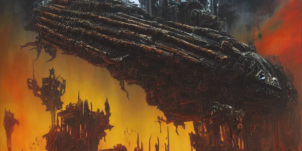 Image similar to an eldritch brutalist gothic airbrush painting of a voidpunk starship ready for battle, illustrated by hg wells, warhammer 4 0 k, lisa frank, josh kirby imperium of man juggernaut, sci - fi and cyberpunk, clean linework, obsidian hull, technological, artificial bejeweled and gilded