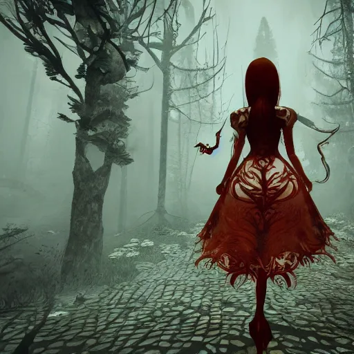 Image similar to realistic artnouveau style american mcgee's alice madness returns layers of fear style in a foggy twisted forestsharp focus very detailed 8 k cinematic