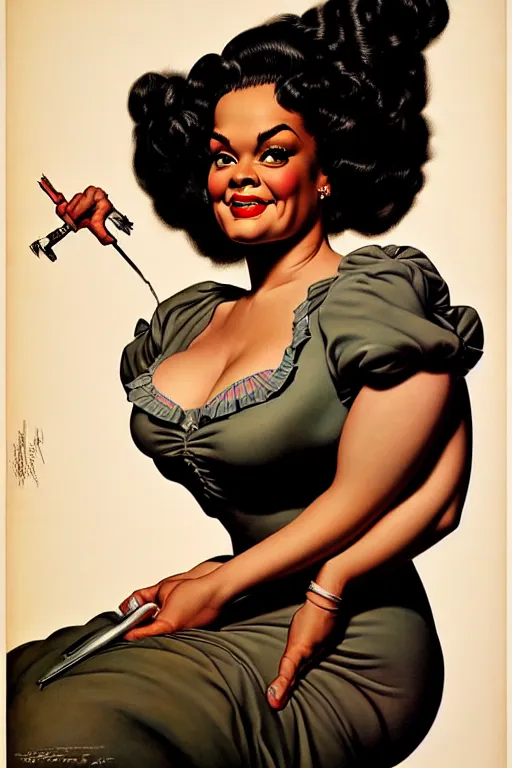 Prompt: jill scott portrait by gil elvgren and norman rockwell and rob gonsalves and hajime sorayama, hyperrealistic, high detail, ultra detailed, highly detailed face, ruffled fabric