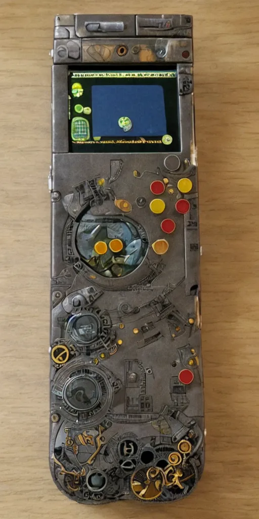 Image similar to an extremely complex and advanced steampunk gameboy