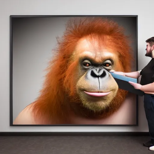 Prompt: fat northern english man looking very confused, staring at a picture of an orangutan, very detailed, 4 k, studio lighting