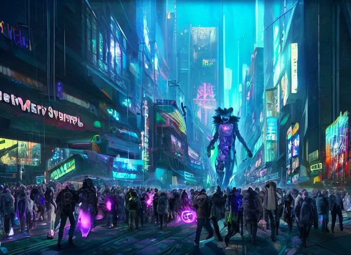 Image similar to high - resolution photograph from a cyberpunk era furry fandom convention ( midwest furfest 2 0 4 7 ), taking place after the genetic revolution and quantum singularity. photorealistic.