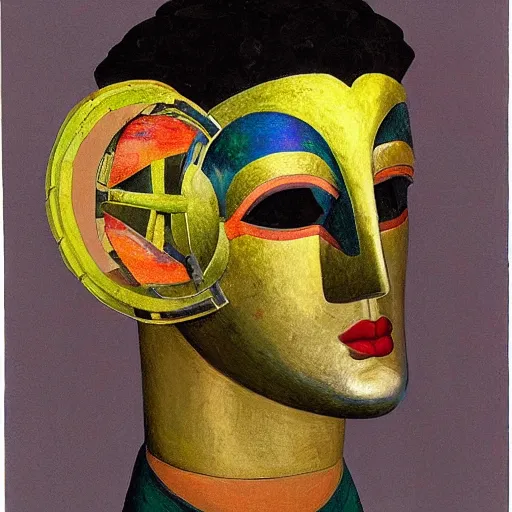 Image similar to head of a beautiful boy wearing a mask made of metal flowers, by diego rivera and john watkiss, art deco shaman, stylized geometric flowers, art brut, symbolist, dramatic lighting, god rays, iridescent beetles, clean crisp graphics, smooth sharp focus, extremely detailed