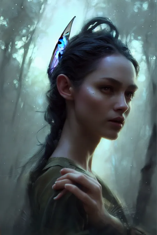 Image similar to cinematic shot of an epic portrait of a fairy dressed in military clothes, shiny skin, beautiful eyes, beautiful, small details, night setting, realistic poster with volumetric light from craig mallism, artgerm, jeremy lipkin and michael garmash, unreal engine, radiant light, detailed and complex environment, digital art, trends at art station, a masterpiece