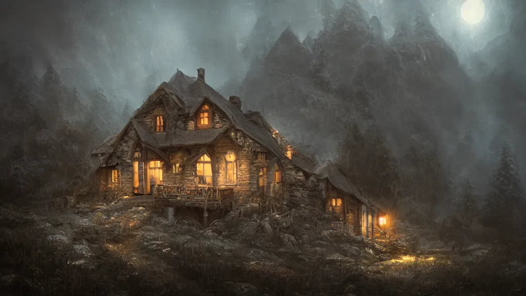 A dark decrepit cottage on a mountaintop at night, lit | Stable ...