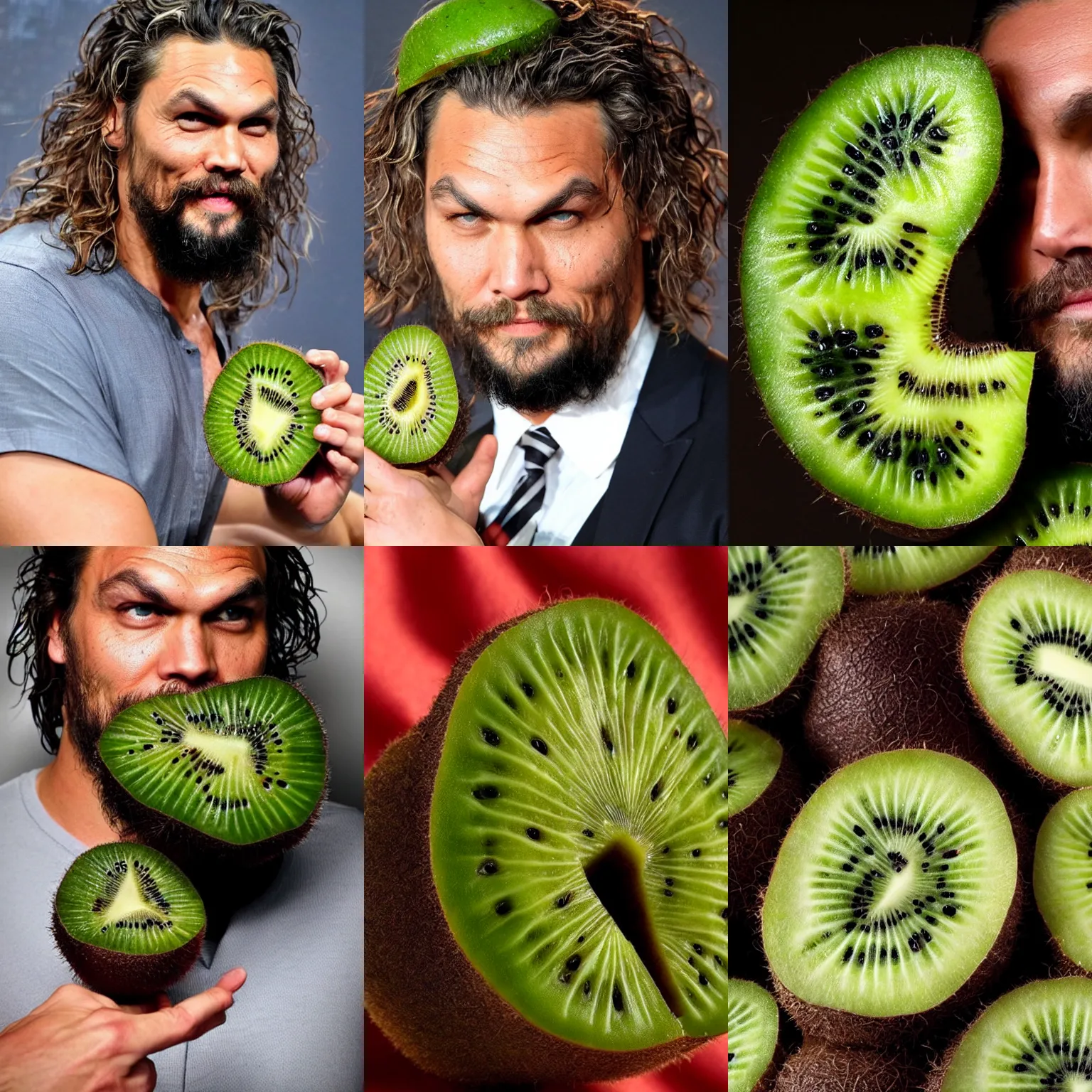 Prompt: jereme momoa's face poking out of the top of a kiwi fruit.