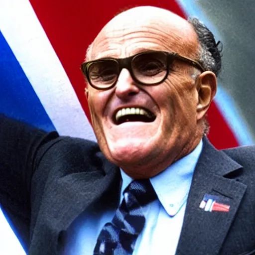 Image similar to a closeup of Rudy Giuliani waving an Israeli flag while laughing hysterically on top of the world trade center rubble pile in new york