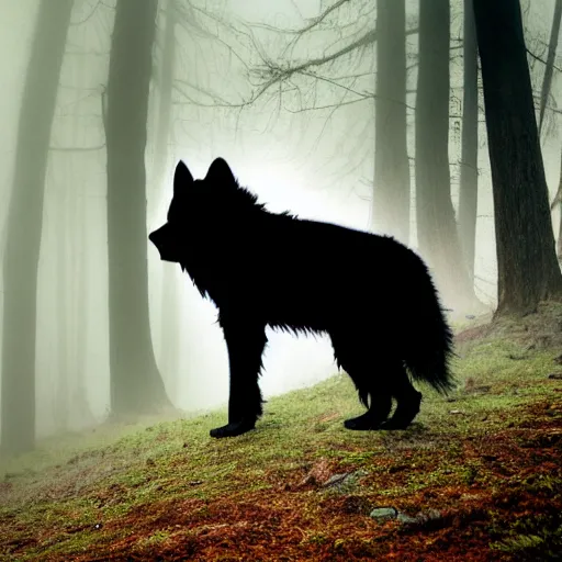Prompt: a short furry monster with black fur walks out of a misty forest, silhouette, 3 5 mm