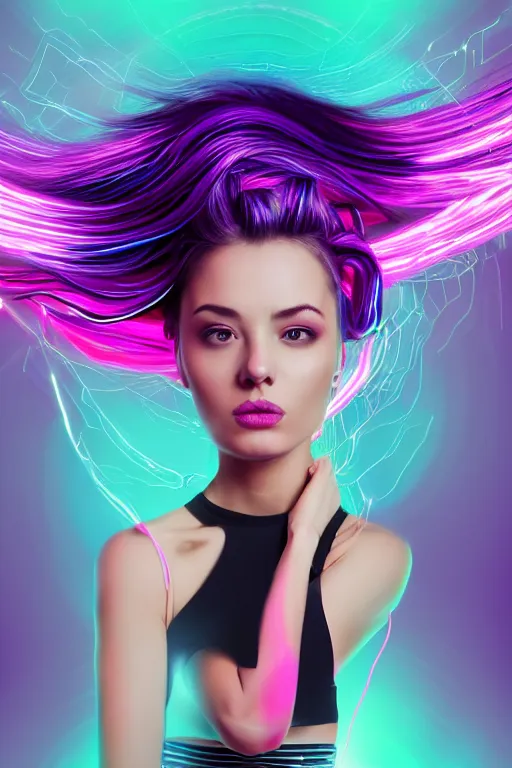 Image similar to a award winning half body portrait of a beautiful woman in a croptop and cargo pants with ombre purple pink teal hairstyle with head in motion and hair flying, surrounded by whirling illuminated lines, outrun, vaporware, shaded flat illustration, digital art, trending on artstation, highly detailed, fine detail, intricate