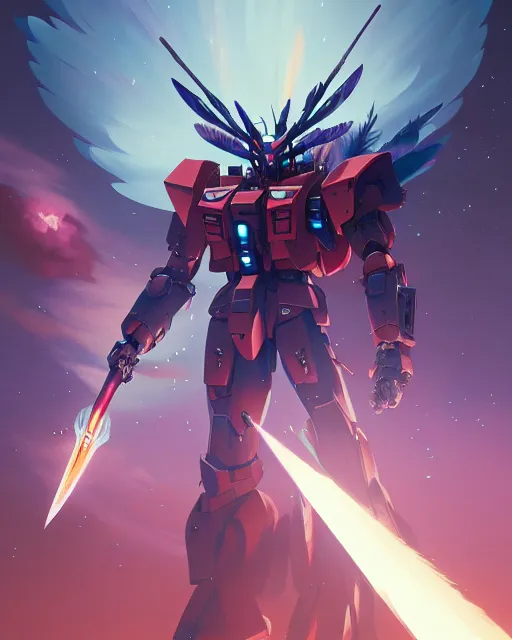 Image similar to highly detailed vfx portrait of an demonic gundam with wings of feathers beam saber fighting in space with a beam gun, unreal engine, greg rutkowski, loish, rhads, beeple, makoto shinkai and lois van baarle, ilya kuvshinov, rossdraws, tom bagshaw, alphonse mucha, global illumination, detailed and intricate environment