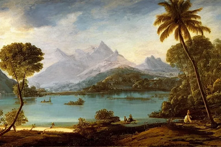 Image similar to beautiful landscape with winter and lake and coconut trees, mythology, fantasy, landscape background, vivid colors, digital painting, very detailed, realistic, high quality, by claude lorrain