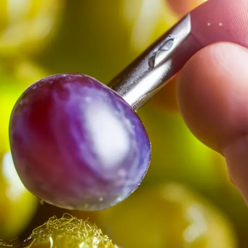 Prompt: closeup photo of precision surgery being performed on a grape, DSLR, macro lens, high resolution