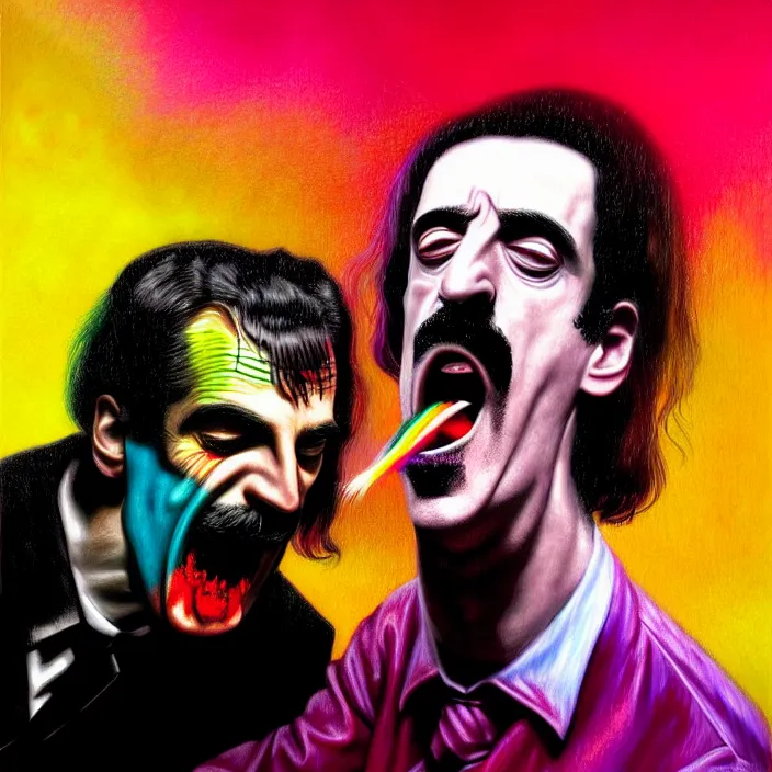 Image similar to bright psychedelic mike patton eating frank zappa who is puking hitler, puke, rotten, screaming, diffuse lighting, fantasy, intricate, elegant, highly detailed, lifelike, photorealistic, digital painting, artstation, illustration, concept art, smooth, sharp focus, art by francis bacon