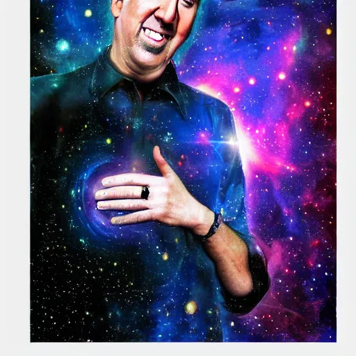 Prompt: nicholas cage very happy expression, cosmic starfield background digital art