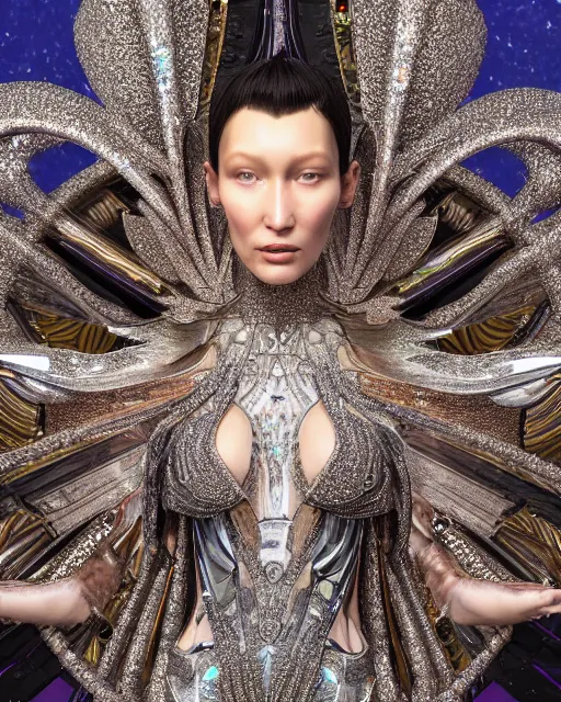 Prompt: a highly detailed metahuman 4 k close up render of an alien goddess bella hadid monument flying in iris van herpen dress schiaparelli in diamonds crystals swarovski and jewelry iridescent in style of alphonse mucha gustav klimt trending on artstation made in unreal engine 4