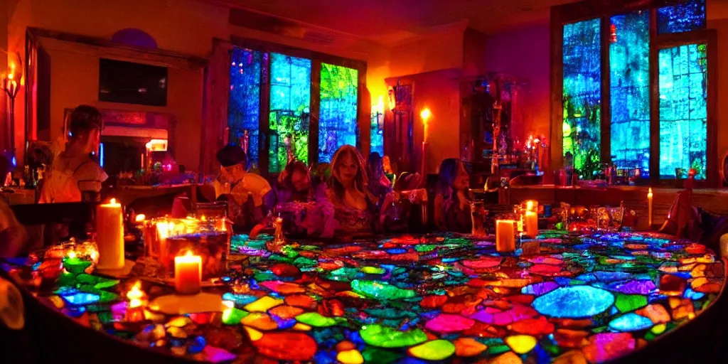 Prompt: opening shot of a party at midnight, indoors, bay area, candles, hot tub, friendship, fun, peyote colors, cinematic movie still, stained glass