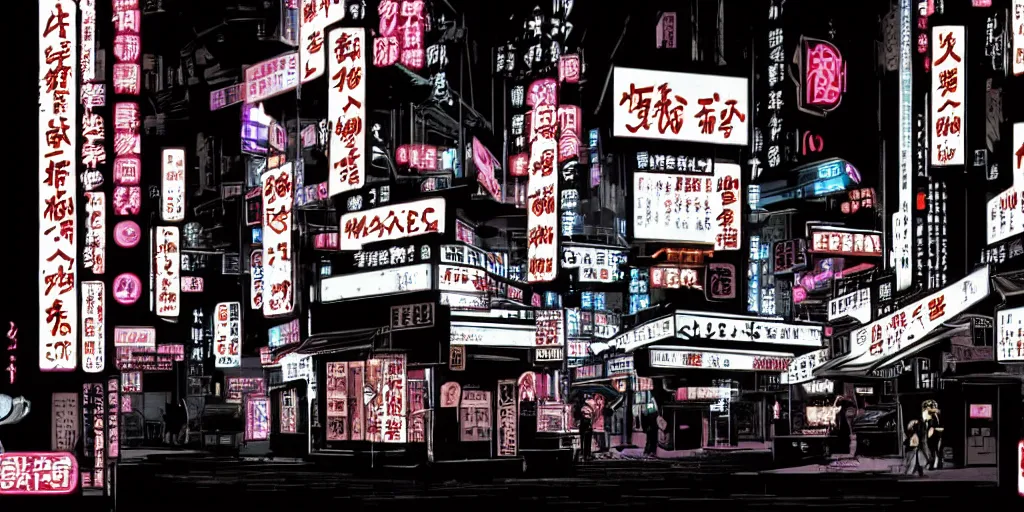 Image similar to Noir Cyberpunk Tokyo with neon signs in Japanese in style of Alan Moore. Symbolism, Detailed Art, 8K, Epic, Dynamic Light.