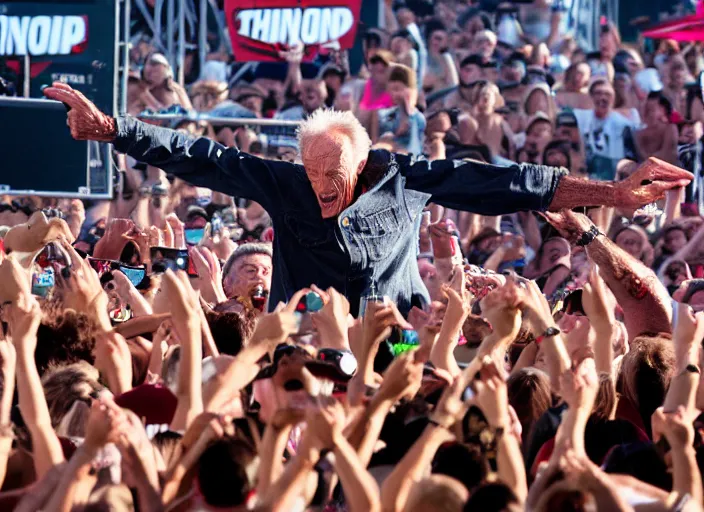 Image similar to photo still of clint eastwood on stage at vans warped tour!!!!!!!! at age 6 8 years old 6 8 years of age!!!!!!!! stage diving into the crowd, 8 k, 8 5 mm f 1. 8, studio lighting, rim light, right side key light