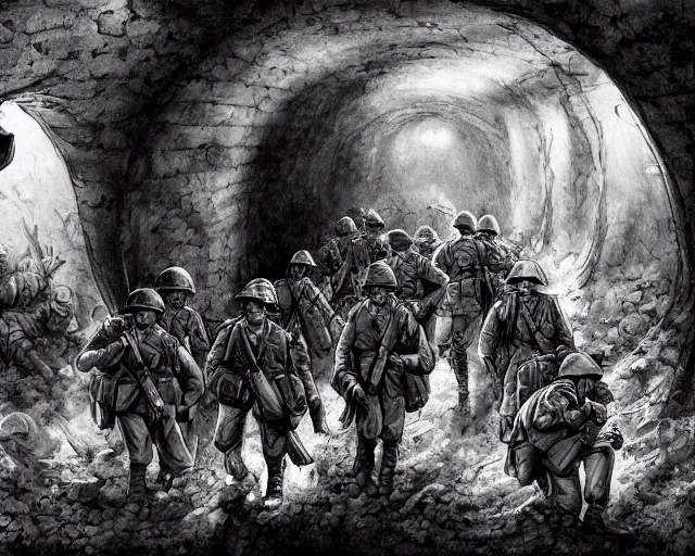 Image similar to Soldiers in despair in a world war 1 tunnel, black and white, amazing digital art, hyper detailed, artstation, in the style of Tony Sart