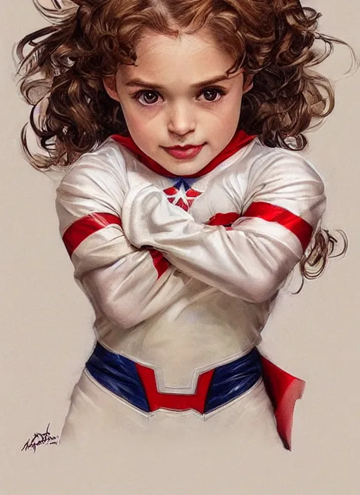 Image similar to a little girl with a mischievous face and light brown curly wavy hair. she is dressed as captain america, spiderman, batman, the flash, captain marvel, wonder woman, a superhero. clean elegant painting, beautiful detailed face. by artgerm and greg rutkowski and alphonse mucha