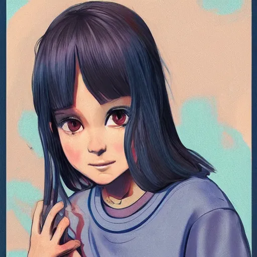 Image similar to urban Amanda Bynes girl in tattered clothes on Tv, dark blue long shirt, muted All That logo, matter held against gravity, pastel colors, ornate, profound religious statement cute smile, Krav Maga, anti-art, elegant, drift into a pick in the NBA, by Ilya Kuvshinov, by Studio Ghibli