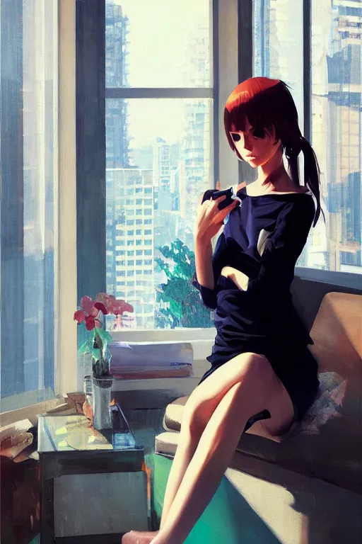 Image similar to A ultradetailed beautiful portrait panting of a stylish girl sitting in a messy modern apartment, bright sunny day, Oil painting, by Ilya Kuvshinov, Greg Rutkowski and Makoto Shinkai