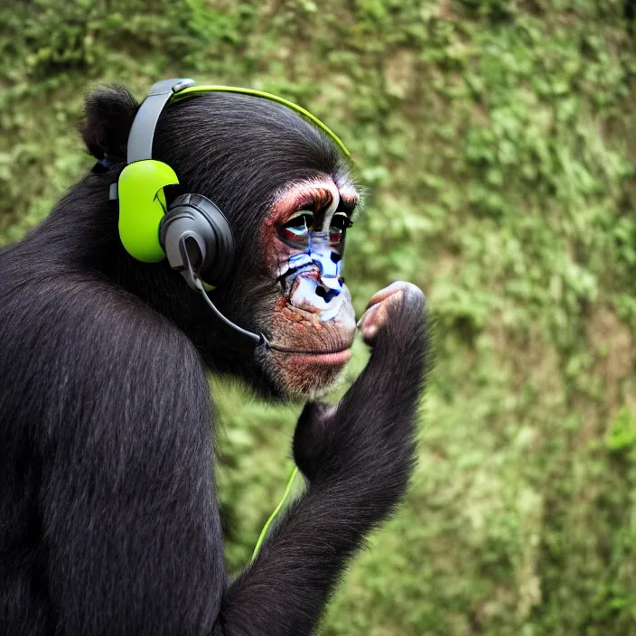 Image similar to a high quality photo of a green chimp wearing headphones, realism, 8k