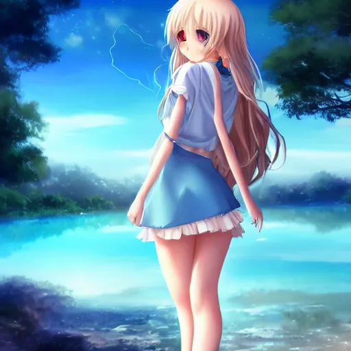 Image similar to a very beautiful anime cute girl, full body, long wavy blond hair, sky blue eyes, full round face, short smile, fancy top, miniskirt, front view, summer lake setting, cinematic lightning, medium shot, mid-shot, highly detailed, cinematic wallpaper by Stanley Artgerm Lau