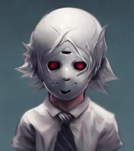 Image similar to beautiful little boy anime character inspired by jason voorhees, art by rossdraws, wlop, ilya kuvshinov, artgem lau, sakimichan and makoto shinkai, concept art, anatomically correct, extremely coherent, realistic, mask, smooth, hd, long hair