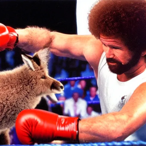Image similar to Bob Ross fighting a kangaroo in a boxing ring