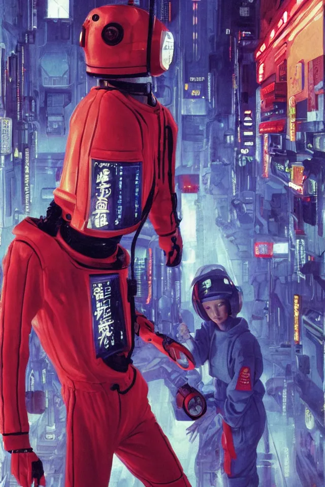 Image similar to CHAPPIE In A Red Adidas Track Suit In Neo Tokyo with Die Antwoord, full figures, stormy weather, extremely detailed masterpiece, low-key neon lighting, artstation, 2001: A Space Odyssey, Roger Deakin’s cinematography, by J. C. Leyendecker and Peter Paul Rubens and Edward Hopper and Michael Sowa