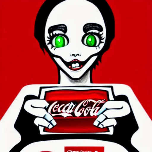 Image similar to digital drawing of the coke logo personified as a soda themed girl in the style of the youtuber lavender towne, large creepy eyes, extremely detailed and colorful eyes, digital art, deviant art, soda themed girl, hyper detailed eyes, money sign pupils, tim burton, scratchy lines, junji ito