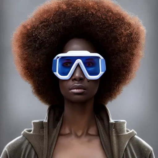 Image similar to Beautiful woman wearing opaque reflective goggles profile picture by Greg Rutkowski, brown skin, long afro hair, asymmetrical, futuristic, cool colors, streetwear, studio ghibli, Organic Painting , Matte Painting, geometric shapes, hard edges, street art, trending on the artstation, fantasy LUT, realistic by Sachin Teng + Martin Grip + Moebius, techwear, Industrial Scifi, detailed illustration, character portrait,