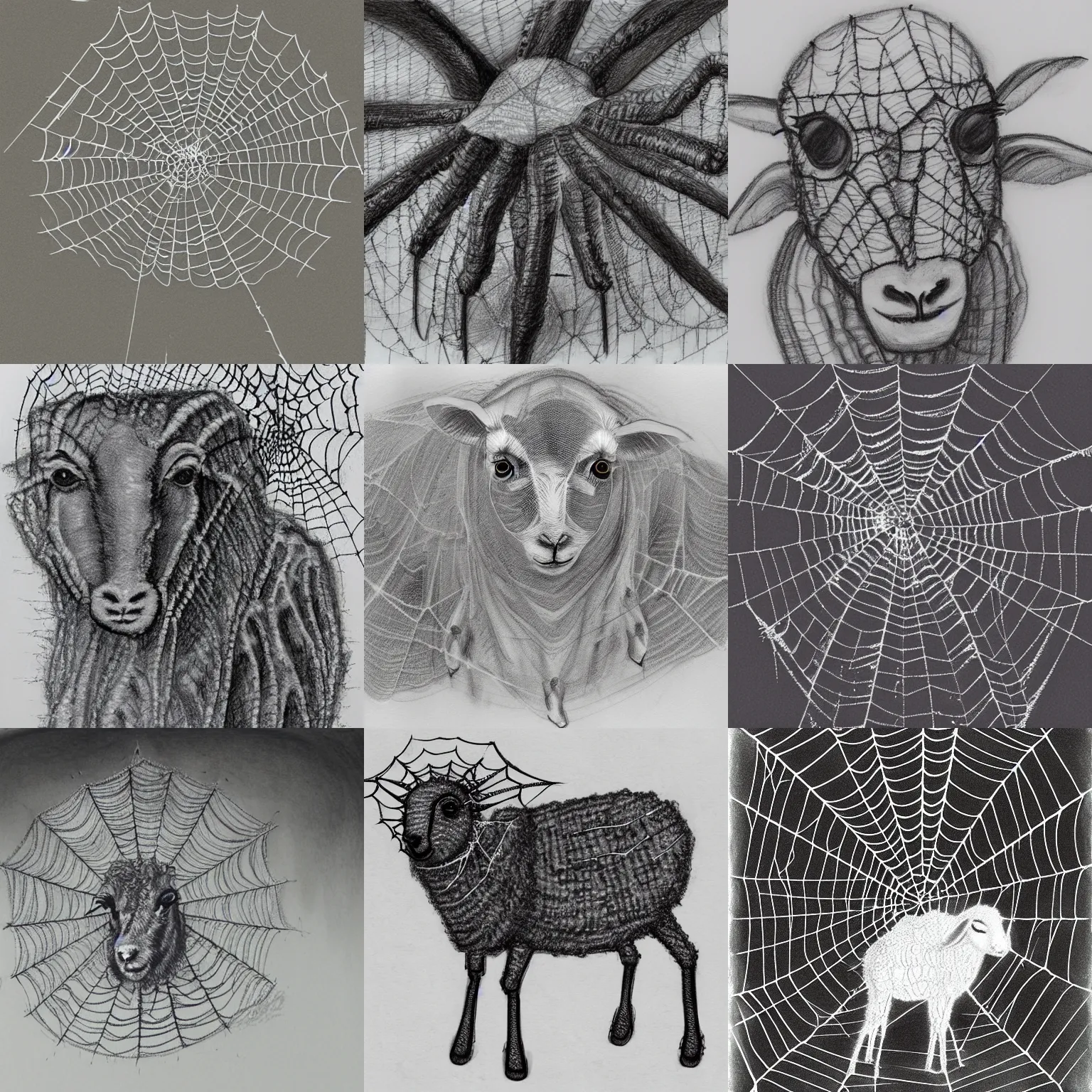 Prompt: transparent sheep in spiderweb clothes. fusion between lamb and cobweb, pencil sketch, concept art