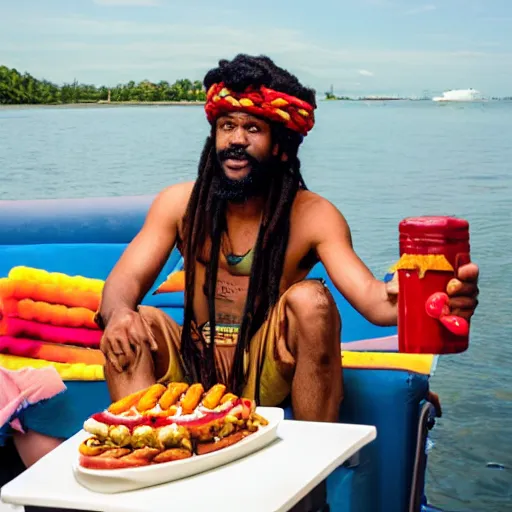 Image similar to rastafarian on a boat with a hotdog