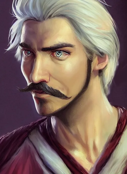 Image similar to tristan fulcher livedoce young man with short white fringe white hair and moustache, dndbeyond, bright, colourful, realistic, dnd character portrait, full body, pathfinder, pinterest, art by ralph horsley, dnd, rpg, lotr game design fanart by concept art, behance hd, artstation, deviantart, hdr render in unreal engine 5