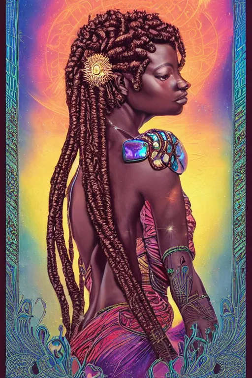 Prompt: beautiful, iridescent, and refined engraved fractal tarot card featuring an ornate, realistic, and regal high key studio anaglyph portrait of an attractive young kenyan princess with beaded dreadlock hair in front of a brilliant nebula by Eric Lafforgue, by Suicide Girls, by Dan Mumford, by Jim Fitzpatrick, featured on deviant art, trending on artstation