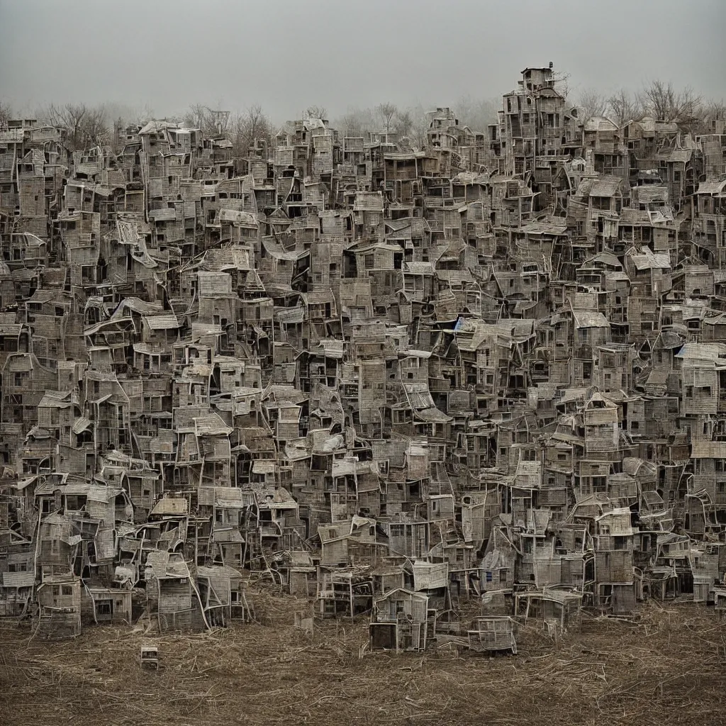 Image similar to towers made up of densely stacked makeshift squatter shacks with faded colours suspended over a quagmire, plain uniform sky at the back, misty, mamiya, ultra sharp, very detailed, photographed by julie blackmon, cristina de middel and john chiara