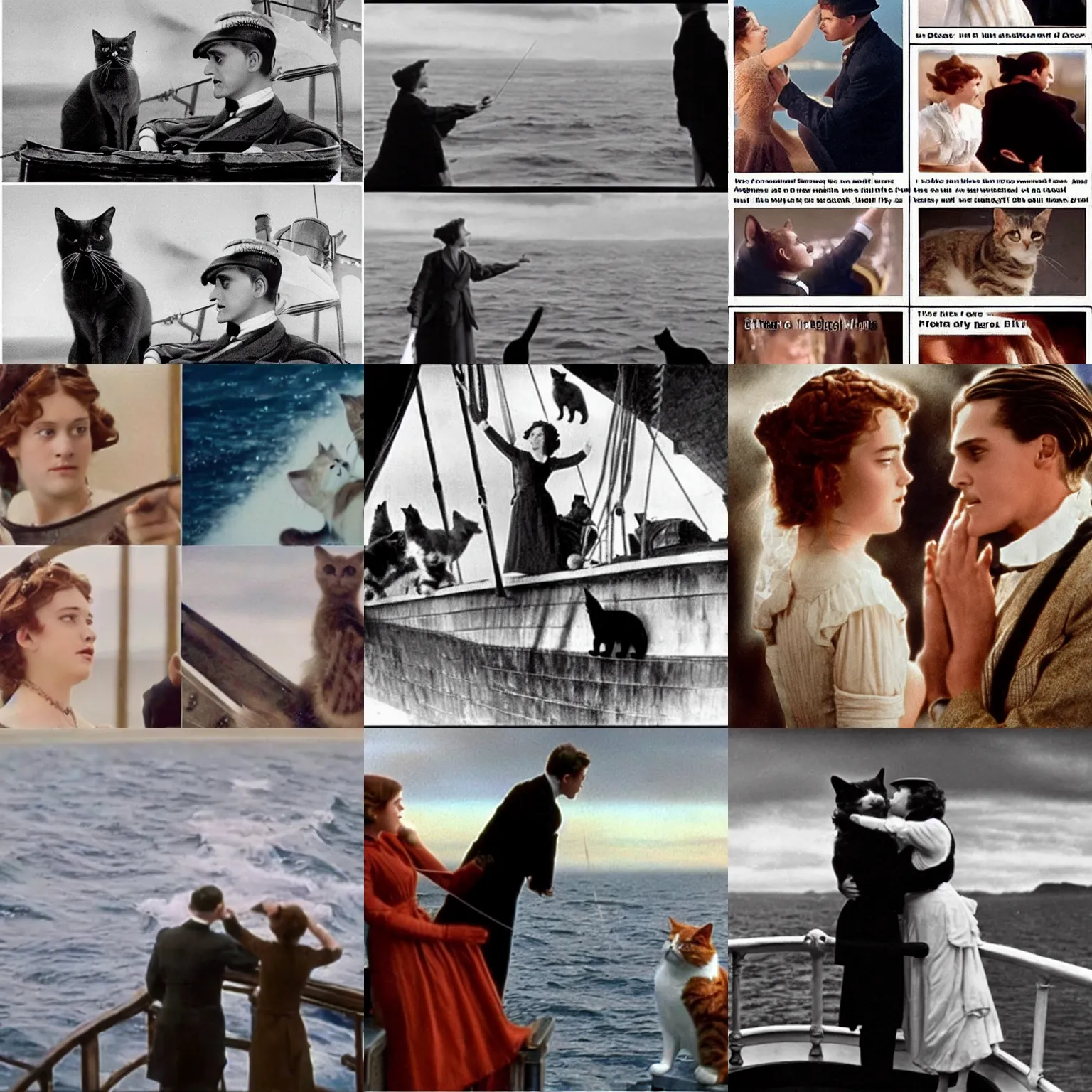 Prompt: Titanic movie bow scene, but with cats intsted of actors