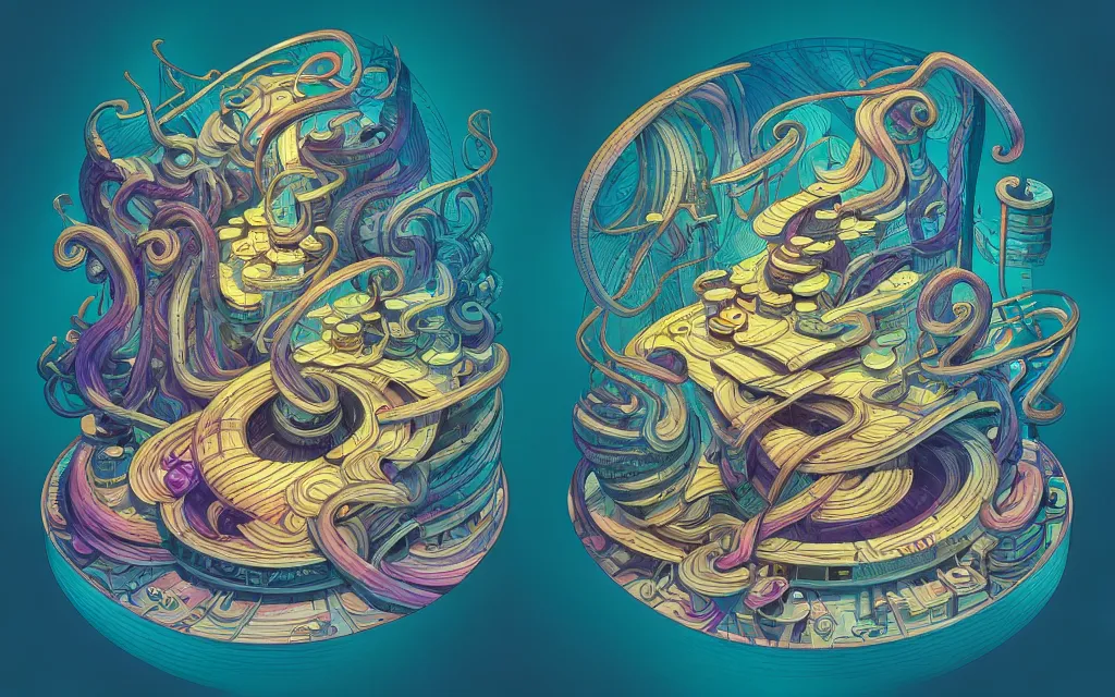 Image similar to twisted turn of fate abstraction, centered award winning ink pen illustration, isometric abstract illustration by dan mumford, edited by craola, technical drawing by beeple and tooth wu, tiny details by artgerm and watercolor girl, symmetrically isometrically centered