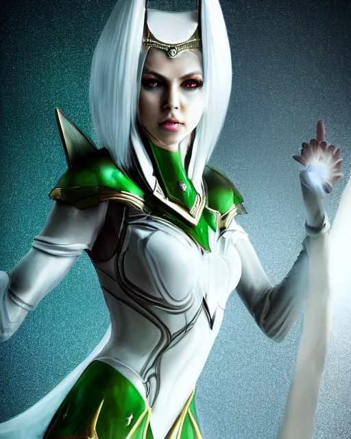 Image similar to perfect white haired attractive egyptian goddess, warframe armor, beautiful, symmetric, dreamy, half asian, pretty face, green eyes, charlize theron, detailed, scifi platform, laboratory, experiment, 4 k, ultra realistic, epic lighting, android body, illuminated, cinematic, masterpiece, art by akihito tsukushi, voidstar