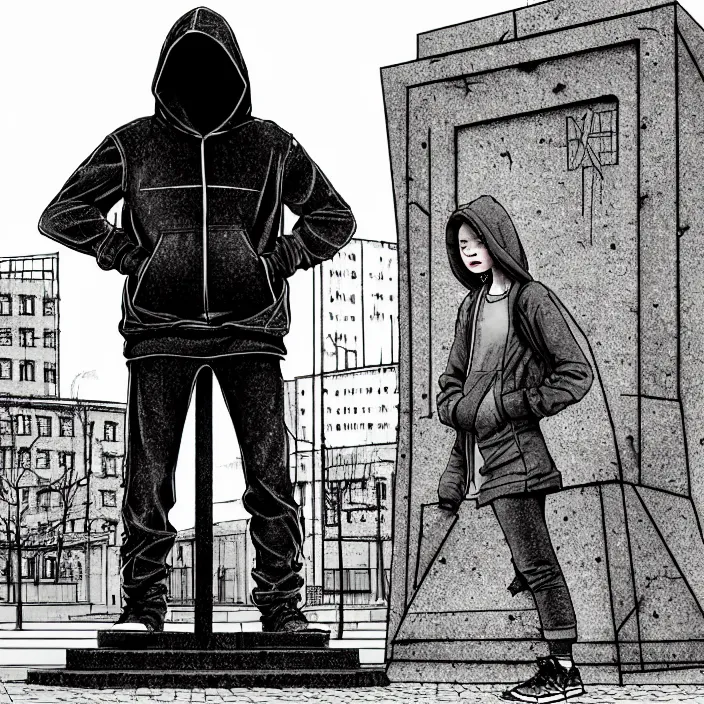 Image similar to storyboard : sadie sink in hoodie sits on bench in ruined square, pedestrians walk by, soviet monument and propaganda posters. scifi cyberpunk. by gabriel hardman. cinematic atmosphere, detailed and intricate, perfect anatomy