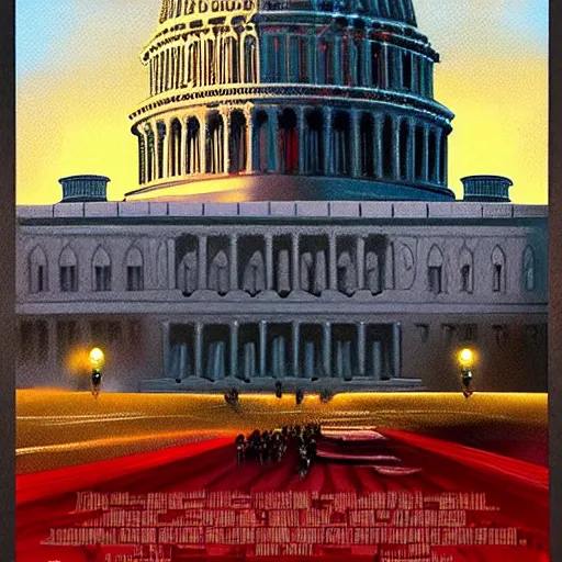 Prompt: January Sixth Insurrection Painting of US Capitol Building by Drew Struzan, cinematic movie poster, elegant, intricate, highly detailed, artstation, concept art, sharp focus