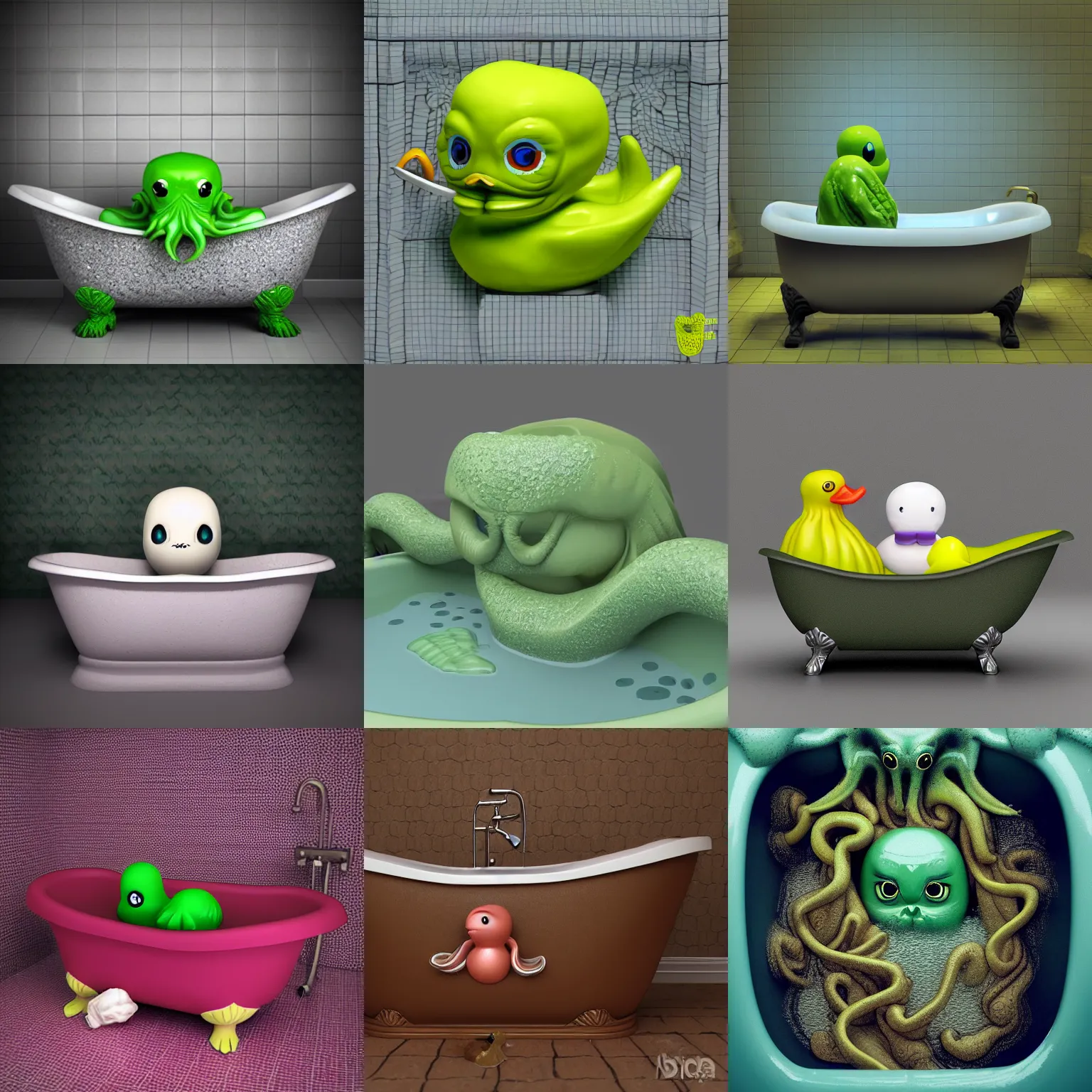 Prompt: Cthulhu Rubber Duck inside bathtub by Mark Ryden, 3d render, rubber texture, extra detail