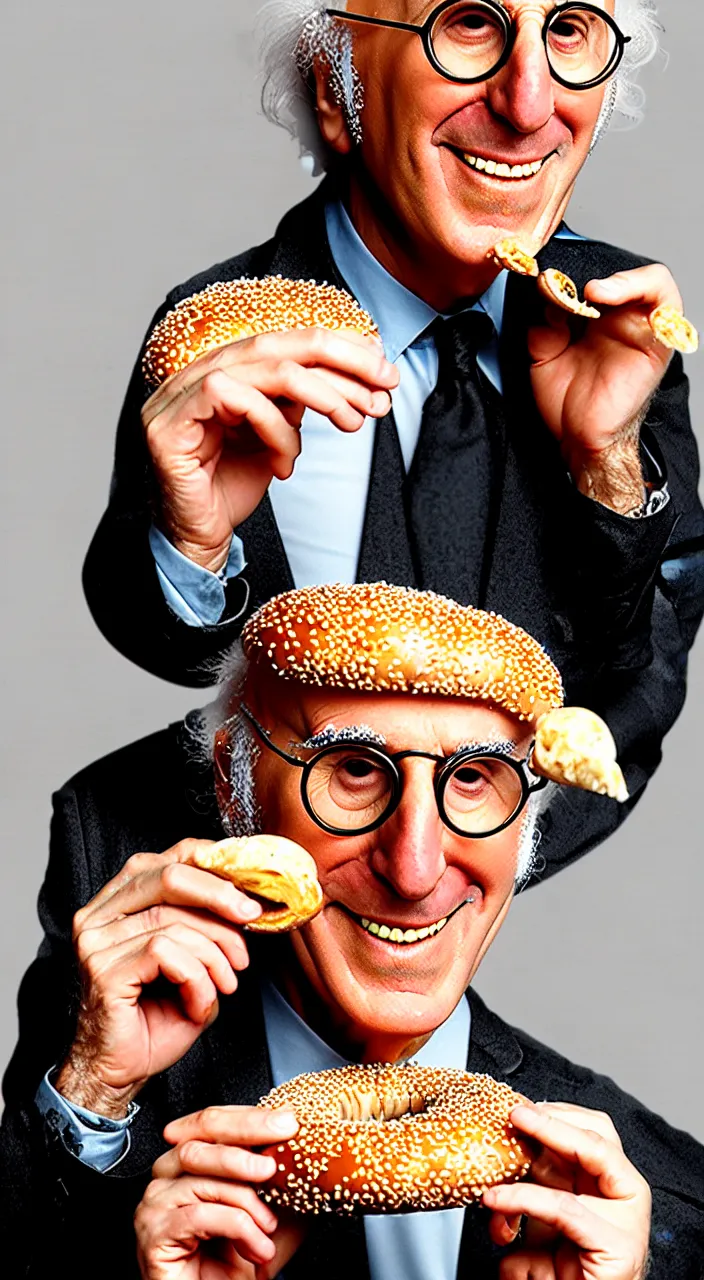 Image similar to larry david eating a bagel in the style of salvador dali hyper realistic, 8 k, hd