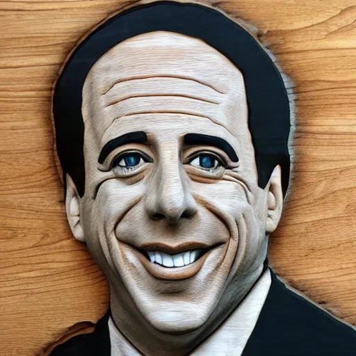 Prompt: Jerry Seinfeld's face carved un wood, detailed artwork, Masterpiece