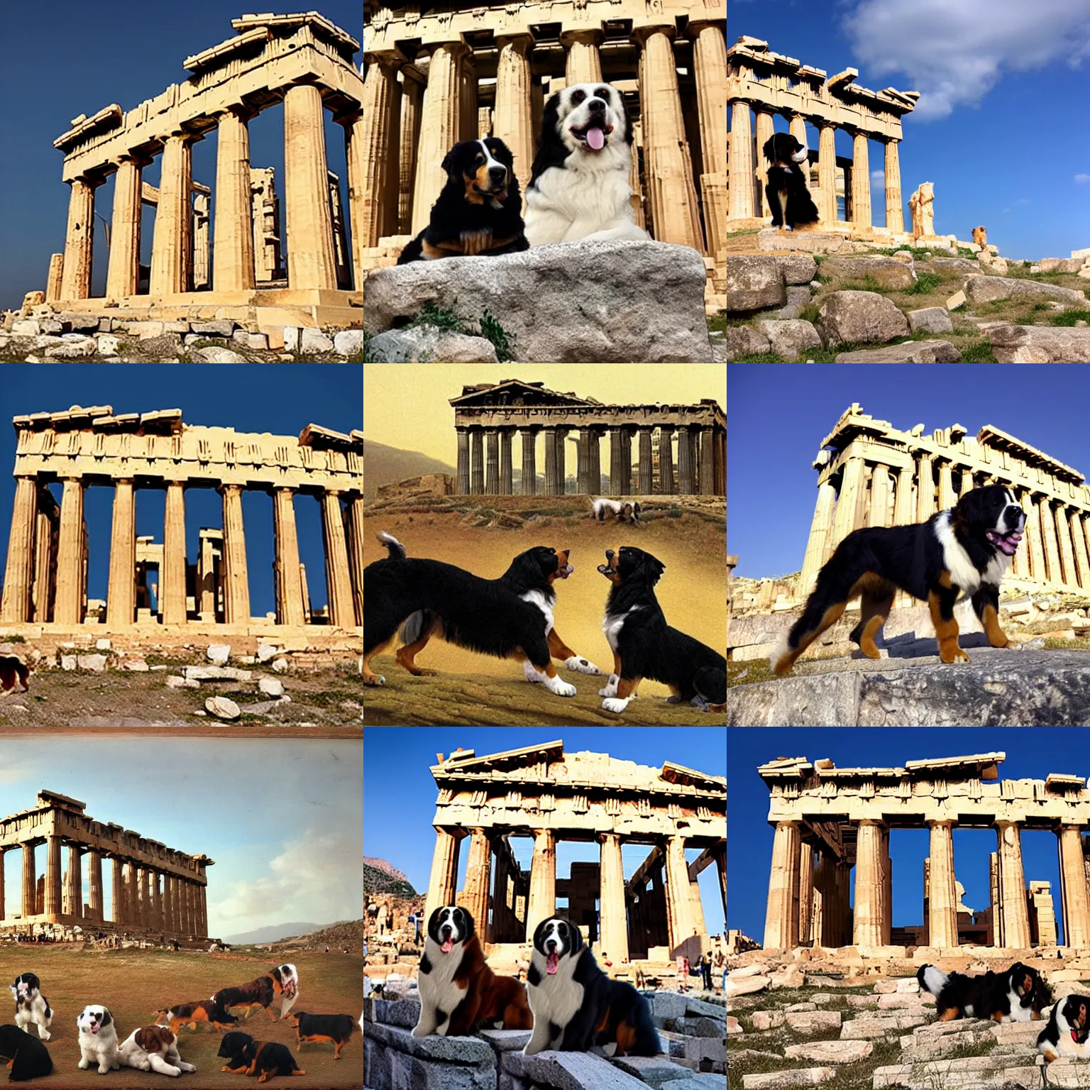 Prompt: parthenon populated by bernese mountain dogs in 5 th century
